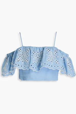 Sandro Cropped Oberteil aus einer Leinenmischung mit Lochstickerei und Cut-outs - Blau - 1