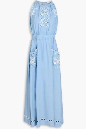 Sandro Midikleid aus einer Leinenmischung mit Lochstickerei und Cut-outs - Blau - FR 42