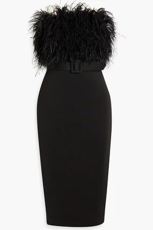 Badgley Mischka Trägerloses Midikleid aus Scuba mit Federn - - US 10