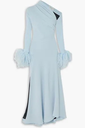 16Arlington Adelaide asymmetrisches Midikleid aus Crêpe mit Federn - Blau - UK 4