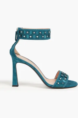 Alberta Ferretti Sandalen aus lasergeschnittenem Veloursleder mit Kristallverzierung - Blau - EU 38
