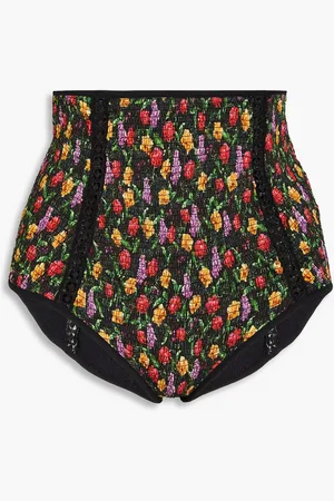 CHARO RUIZ IBIZA Kany hoch sitzendes Bikini-Höschen aus Seersucker mit floralem Print und Spitzenbesatz - - S