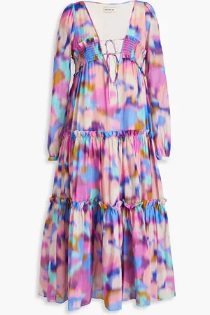 Nicholas Midikleid aus Voile aus einer Baumwoll-Seidenmischung mit Print und Raffung - - US 4