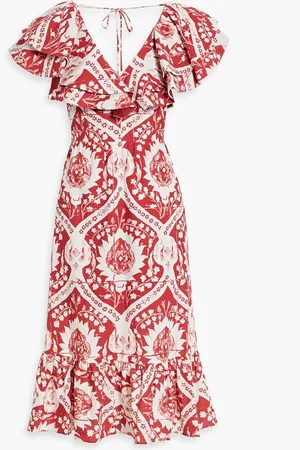 AMUR Bedrucktes Midikleid aus einer Hanf- und Baumwollmischung mit Rüschen - - US 4