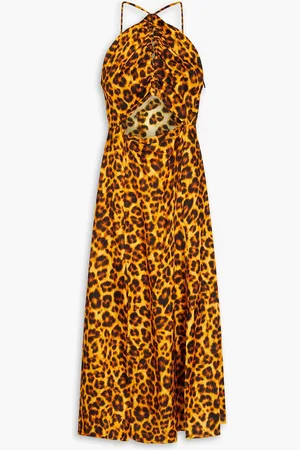 Sandro Gerafftes Midikleid aus glänzendem Twill mit Leopardenprint und Cut-outs - - FR 38