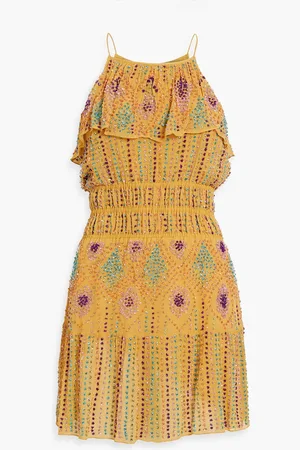 Antik Batik Louise gerafftes Minikleid aus Chiffon mit Verzierung - Gelb - FR 40