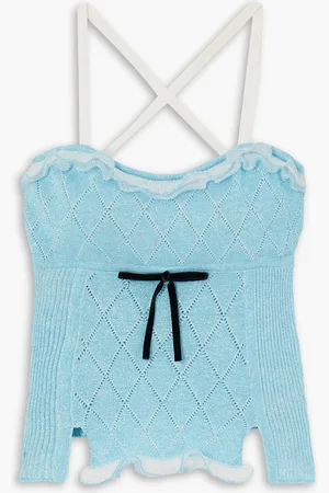 CORMIO Heide Top aus einer Baumwollmischung mit Metallic-Fasern in Pointelle-Strick mit Samtbesätzen - Blau - IT 36
