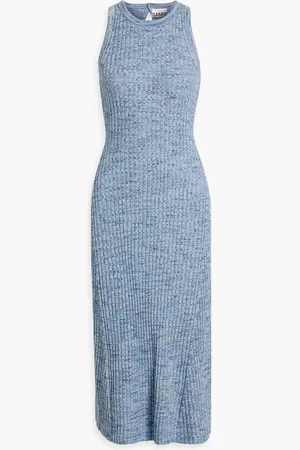 Ganni Meliertes Midikleid aus gerippter Merinowolle - Blau - L