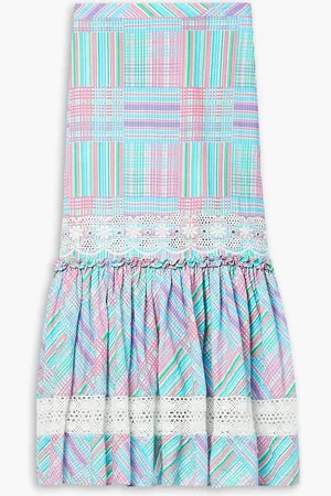 LOVESHACKFANCY Arla Midirock aus Baumwolle mit Gingham-Karo, Häkeleinsatz und Lochstickerei - Blau - XXS