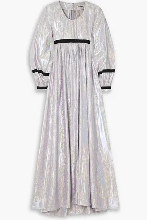 BATSHEVA Faye Maxikleid aus holografischem Lamé mit Samtbesatz - Lila - US 0