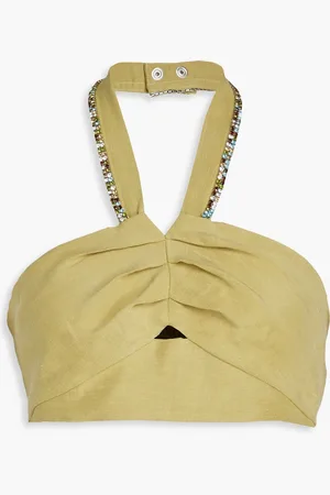 Sandro Cropped Neckholder-Oberteil aus Webstoff mit Kristallverzierung - Grün - 3