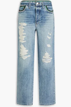 Frame Julia Sarr-Jamois hoch sitzende Boyfriend-Jeans mit Häkelbesatz in Distressed-Optik - Blau - 27