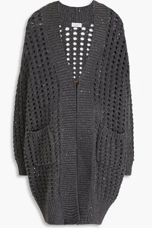 Brunello Cucinelli Cardigan aus einer Kaschmir-Seidenmischung mit Lochstrick und Pailletten - Grau - XS