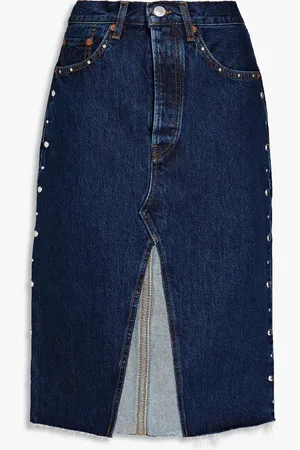 RE/DONE Bleistiftrock aus Denim mit Nieten und Fransen - Blau - 25