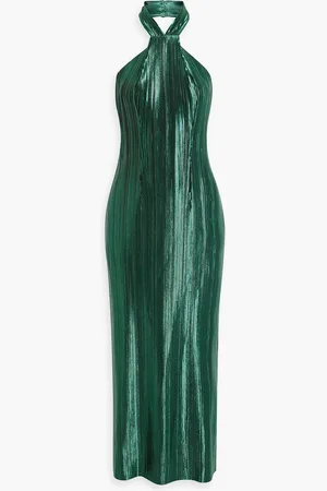 GALVAN Panarea Neckholder-Midikleid aus plissisiertem Metallic-Crêpe - Grün - FR 36