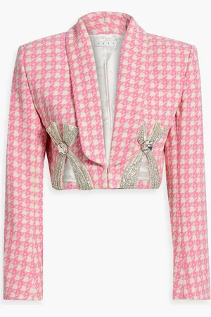 AREA Cropped Blazer aus Tweed aus einer Wollmischung mit Hahnentrittmuster und Verzierung - - US 12