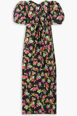 Caroline Constas Reyna schulterfreies Maxikleid aus Popeline aus einer Baumwollmischung mit Blumenprint und Schleife - - XS