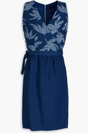 120% Lino Mini-Wickelkleid aus Leinen mit Stickereien - Blau - IT 46