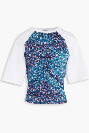 Sandro Gerafftes T-Shirt aus Baumwoll-Jersey mit Satin-Einsatz und floralem Print - - 1