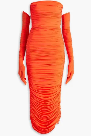ALEX PERRY Trägerloses Midikleid aus neonfarbenem Stretch-Jersey mit Raffungen - Orange - UK 10