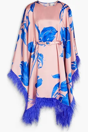 HUISHAN ZHANG Kleid aus Satin mit floralem Print und Federverzierung - Pink - UK 14