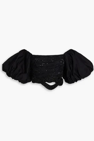 AJE New Catara schulterfreies Cropped Oberteil aus Baumwollpopeline mit Verzierung - - UK 6