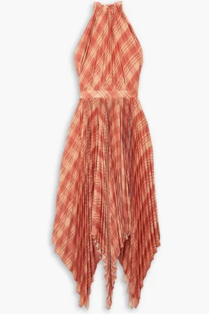 Altuzarra Dahlia asymmetrisches Neckholder-Midikleid aus plissiertem Crêpe de Chine mit Karomuster - Orange - FR 42