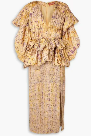 Altuzarra Papyrus Midikleid aus plissiertem Taft mit Print und Rüschen - Gelb - FR 36