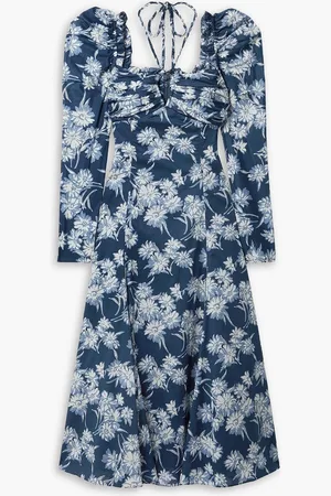 Ralph Lauren Bloom Midikleid aus Baumwolle mit Blumenprint und Raffungen - Blau - US 8