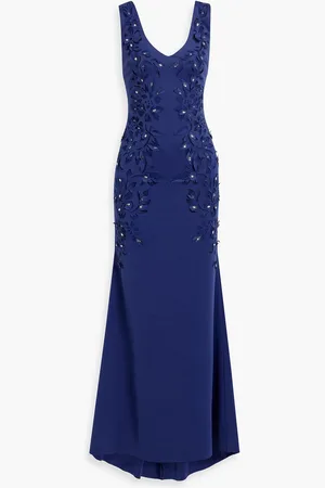 Badgley Mischka Robe aus lasergeschnittenem Scuba mit Kristallverzierung - Blau - US 4