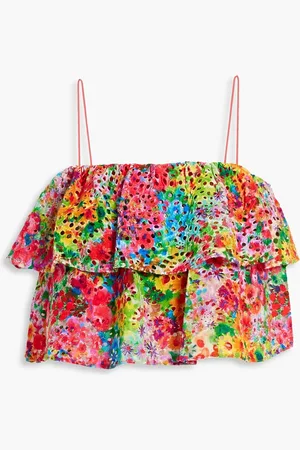 ALICE+OLIVIA Alice Olivia - Marylynn Cropped Oberteil aus einer Baumwoll-Leinenmischung mit Lochstickerei und floralem Print - - US 10