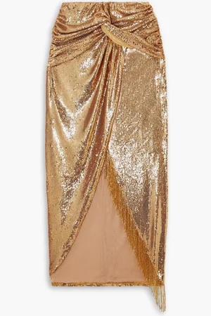 PATBO Midirock aus Satin mit Pailetten und Fransen - Metallic - US 2