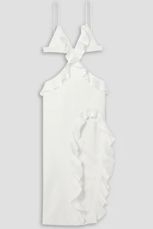 DAVID KOMA Midikleid aus Crêpe mit Satinrüschen und Cut-out - Weiß - UK 14