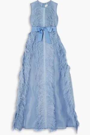 HUISHAN ZHANG Beau Robe aus Seidenorganza mit Federn und Ripsbandbesätzen - Blau - UK 6