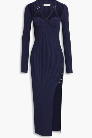 Nicholas Midikleid aus Rippstrick mit Ringdetails - Blau - XL