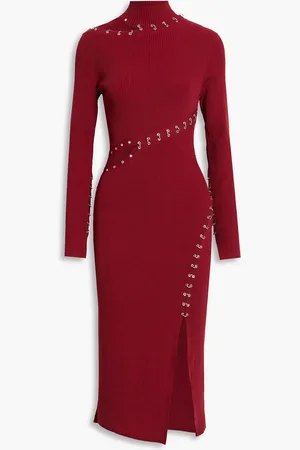Nicholas Midikleid aus Rippstrick mit Cut-outs, Rollkragen und Ringdetails - Rot - XL