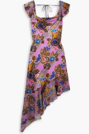 RODARTE Asymmetrisches Midikleid aus Seidensatin mit Blumenprint und Chiffonbesatz - Lila - US 8