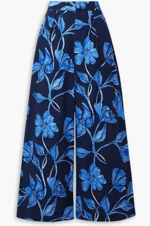 PATBO Nightflower Hose mit weitem Bein aus bedruckter Popeline aus einer Baumwollmischung - Blau - 32