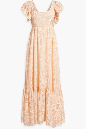by Ti Mo Maxikleid aus glänzendem Jacquard mit Rüschen und Cut-outs - Orange - S