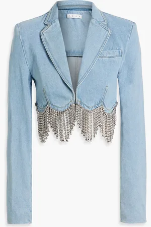 AREA Cropped Blazer aus Denim mit Kristallverzierung - Blau - US 2