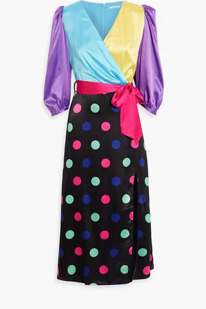 OLIVIA RUBIN Paloma Midikleid aus Satin mit Polka-Dots und Wickeleffekt - Blau - UK 10
