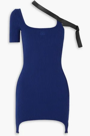 Courrèges Asymmetrisches Minikleid aus Rippstrick mit Kunstlederbesatz und Stickerei - Blau - XL