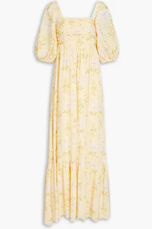 by Ti Mo Maxikleid aus Crêpe de Chine mit floralem Print und Raffungen - Gelb - M