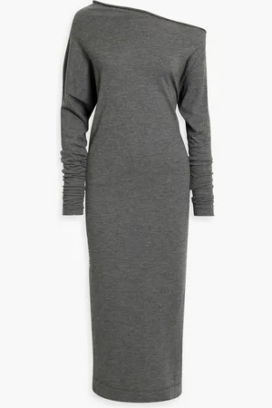 Brunello Cucinelli Midikleid aus einer melierten Kaschmirmischung mit asymmetrischer Schulterpartie - - XXS