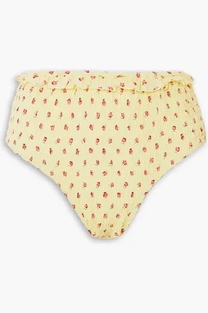 FAITHFULL THE BRAND Cassis hoch sitzendes Bikini-Höschen aus Seersucker mit floralem Print und Raffung - Gelb - XS
