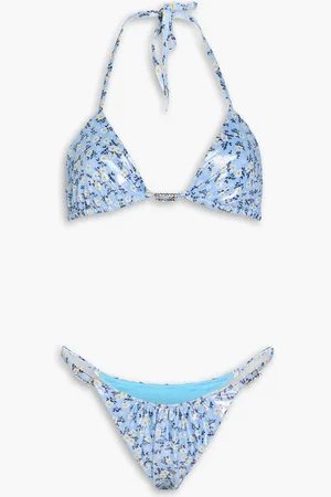 Alessandra Rich Neckholder-Triangel-Bikini aus Stretch-Lamé mit floralem Print und Kristallverzierung - - IT 44