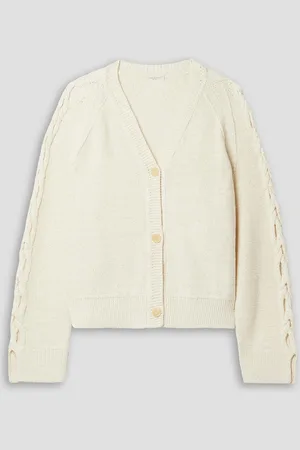 Lafayette 148 Verzierter Cardigan aus einer Leinenmischung mit Zopfstrickdetails - Weiß - XL