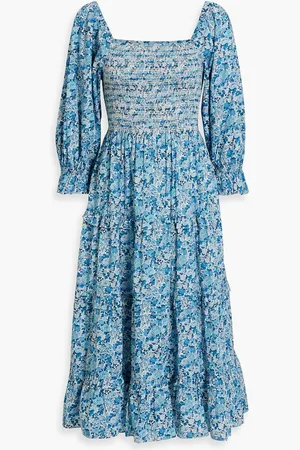 LOVESHACKFANCY Minnie gestuftes Midikleid aus Baumwollpopeline mit floralem Print und Raffung - - XXS