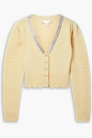 LOVESHACKFANCY Brynner verkürzter Cardigan aus einer Woll-Kaschmirmischung mit Pointelle-Details und Kristallen - Gelb - XL