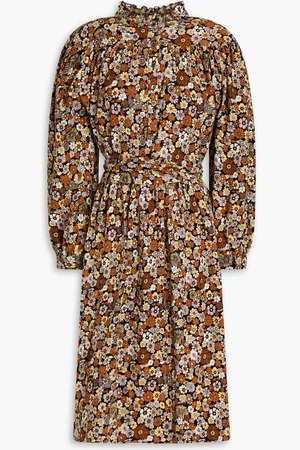 Antik Batik Gerafftes Kleid aus Baumwolle mit floralem Print - Braun - FR 40